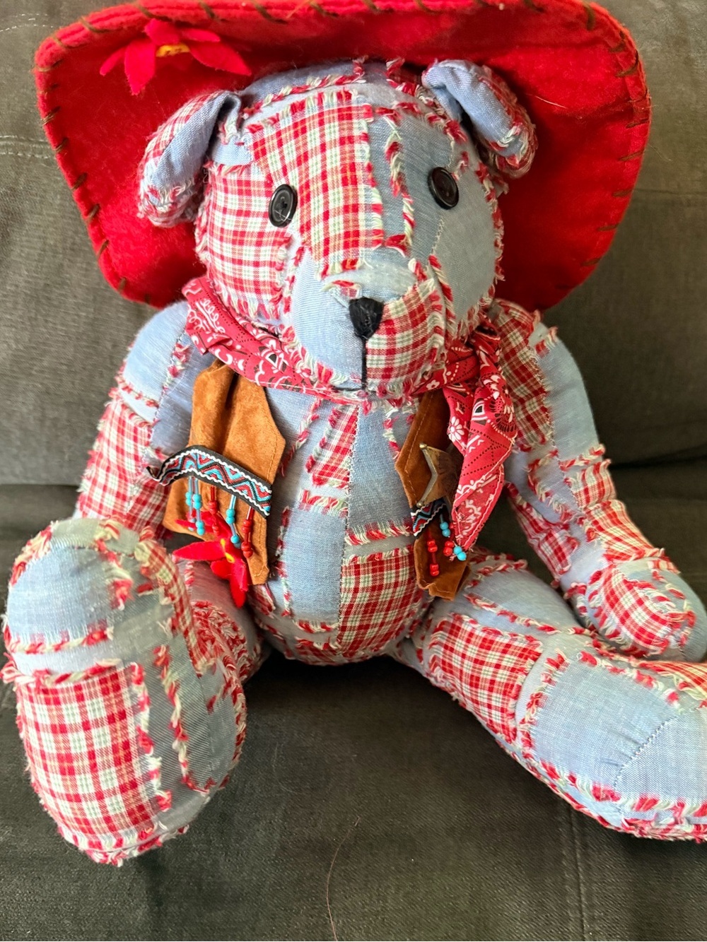 Patchwork Plaid Cowboy Sheriff Teddy Bear - Red & Light Blue